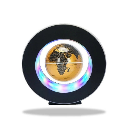 Globe terrestre doré flottant en lévitation magnétique, entouré d'un anneau noir avec des lumières LED multicolores.