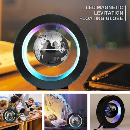 Lampe LED O Globe Flottant Noir, un globe terrestre en lévitation magnétique, éclairé par un cercle lumineux.
