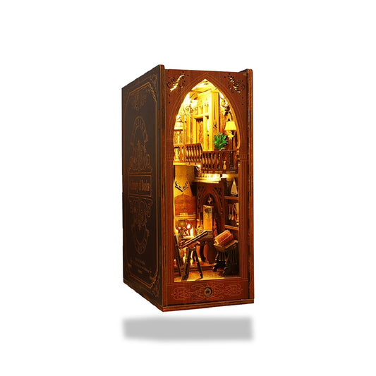 Kit serre-livres miniature en bois avec bibliothèque détaillée, balcon et lumières LED, 10x18x24cm.