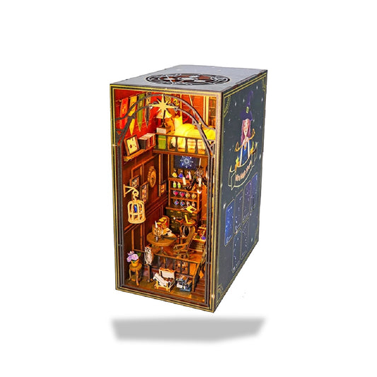 Kit de serre-livres en bois Book Nook avec lumières LED, un atelier de magie miniature détaillé.