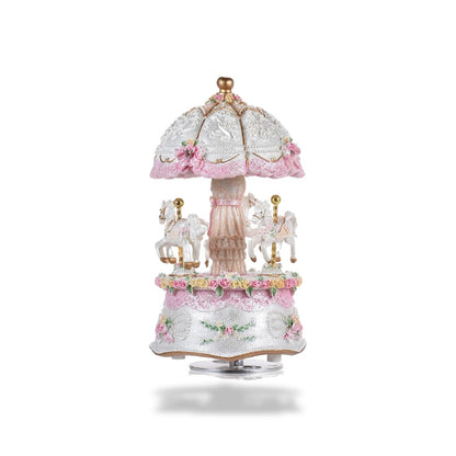 Boîte à musique carrousel blanche et rose en résine avec 3 chevaux, motif floral, parapluie orné et lumière LED.
