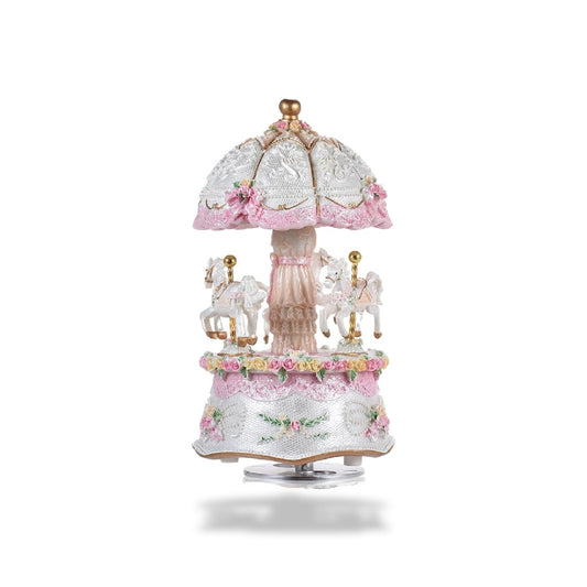 Boîte à musique carrousel blanche et rose en résine avec 3 chevaux, motif floral, parapluie orné et lumière LED.