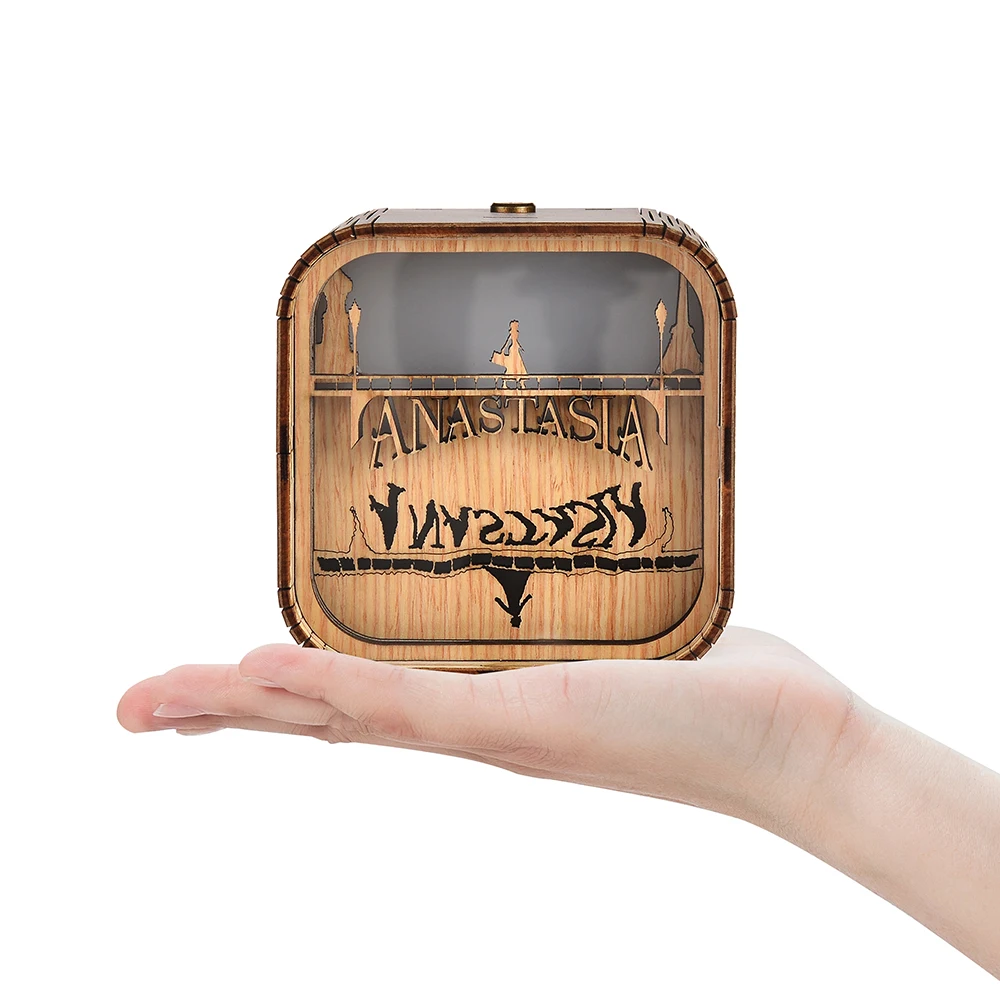 Boîte à musique veilleuse en bois, fait main, de 10 cm, avec éclairage LED et design Anastasia.