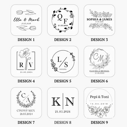 Tableau présentant neuf exemples de gravures personnalisées pour une boîte en bois, avec des motifs floraux et des initiales.