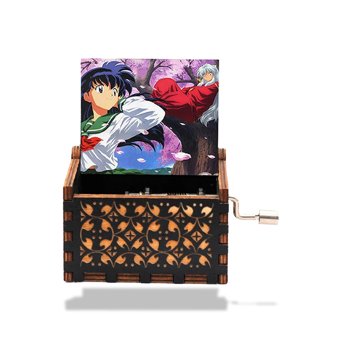 Boîte à musique en bois marron foncé et noir avec motif découpé, surmontée d'une image Inuyasha. Manivelle métallique latéral