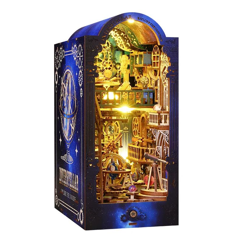 Serre-livres interstellaire en bois assemblable, avec des lumières LED dorées illuminant un observatoire.