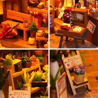 Quatre gros plans détaillés d'un kit Book Nook représentant une rue japonaise miniature avec des lumières LED.