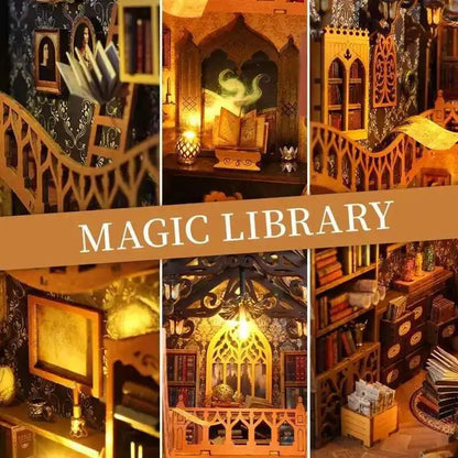 Kit Magic Library détaillé en bois avec lumières LED. On y voit des étagères remplies de livres et une lanterne.