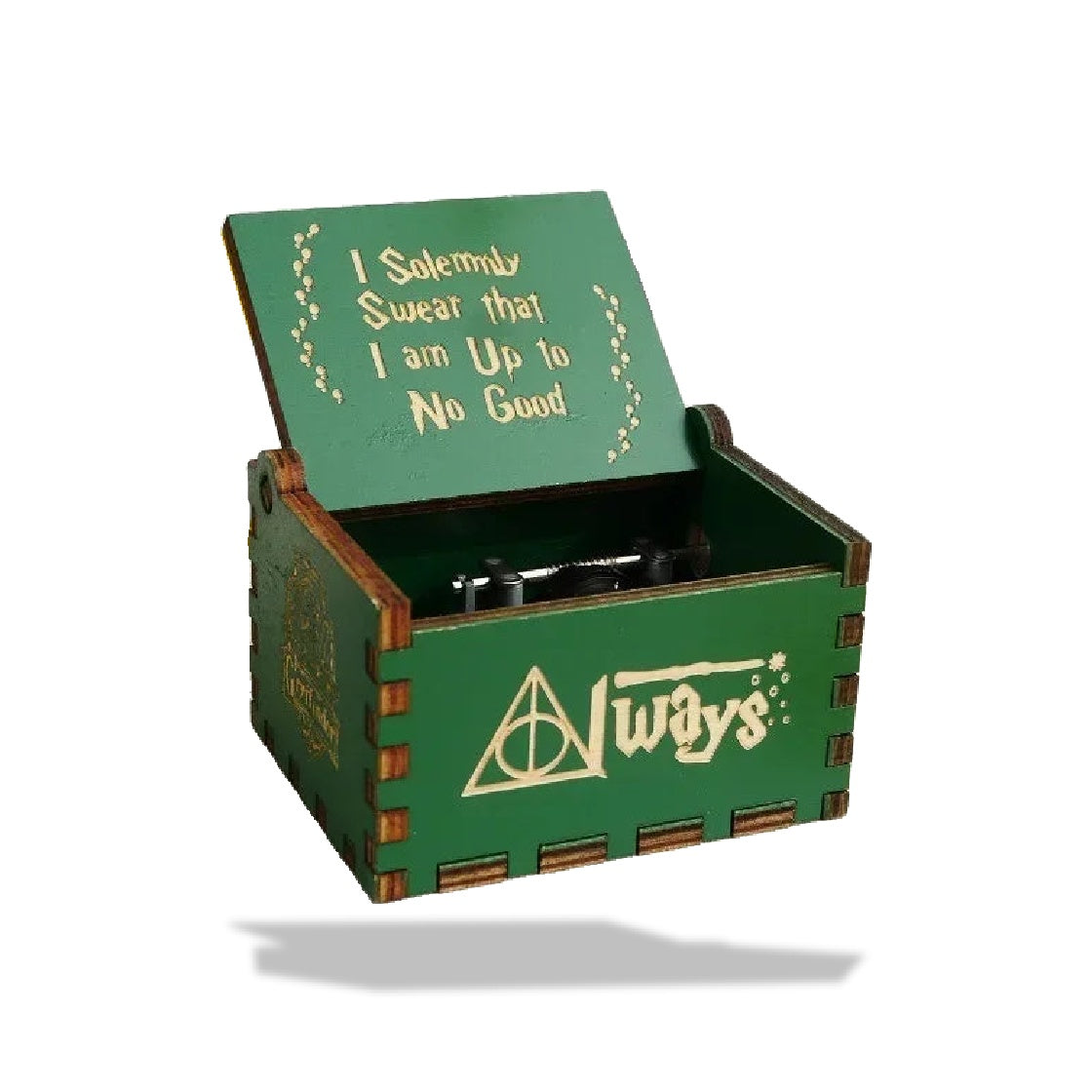 Boîte à musique en bois verte, gravée Harry Potter avec l'inscription "I Solemnly Swear that I am Up to No Good" sur le couve