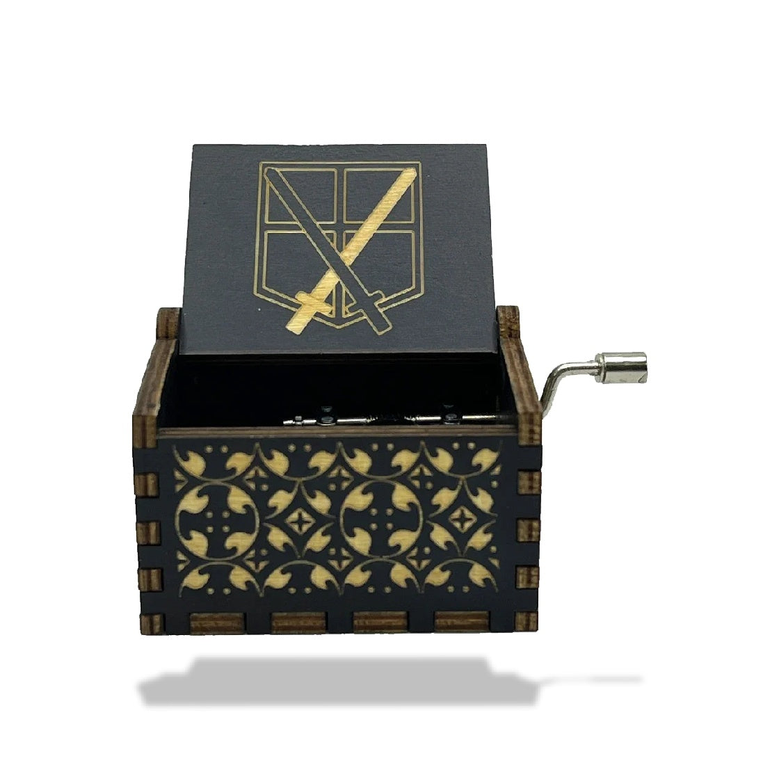 Boîte à musique en bois noire, motif géométrique doré, avec manivelle et symbole de l'Attaque des Titans.