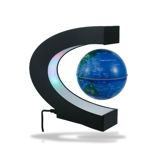 Lampe LED avec un globe terrestre bleu en lévitation magnétique, soutenu par une base en ABS noir avec éclairage coloré.