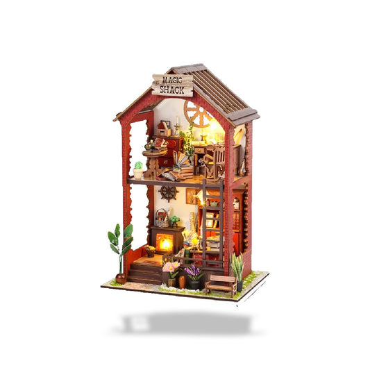 Kit de coin de livre en bois, une maison miniature de deux étages avec des murs en briques rouges et des lumières LED.