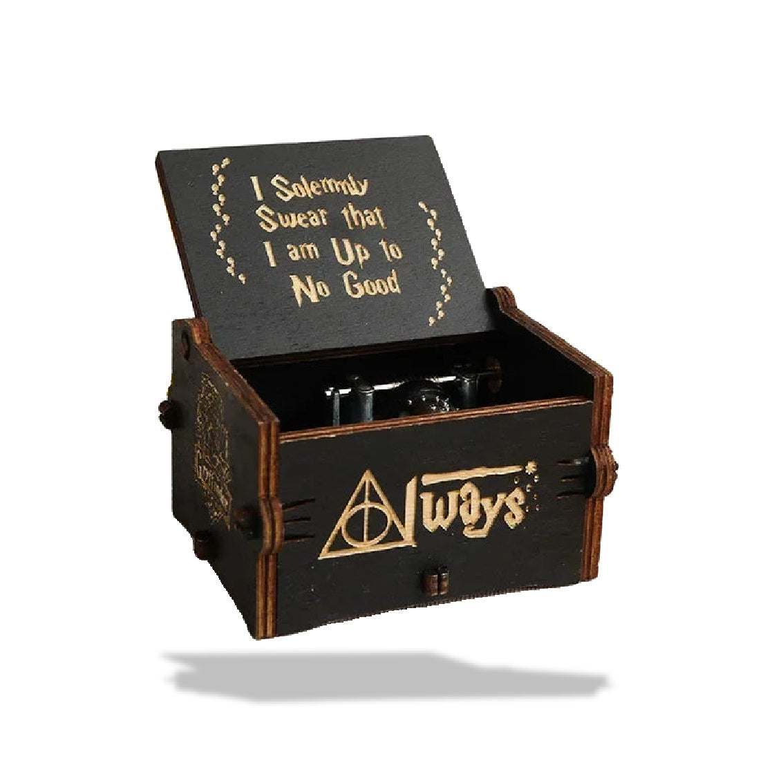 Boîte à musique en bois noir, ouverte, avec inscription dorée "I Solemnly Swear that I am Up to No Good" sur le couvercle et