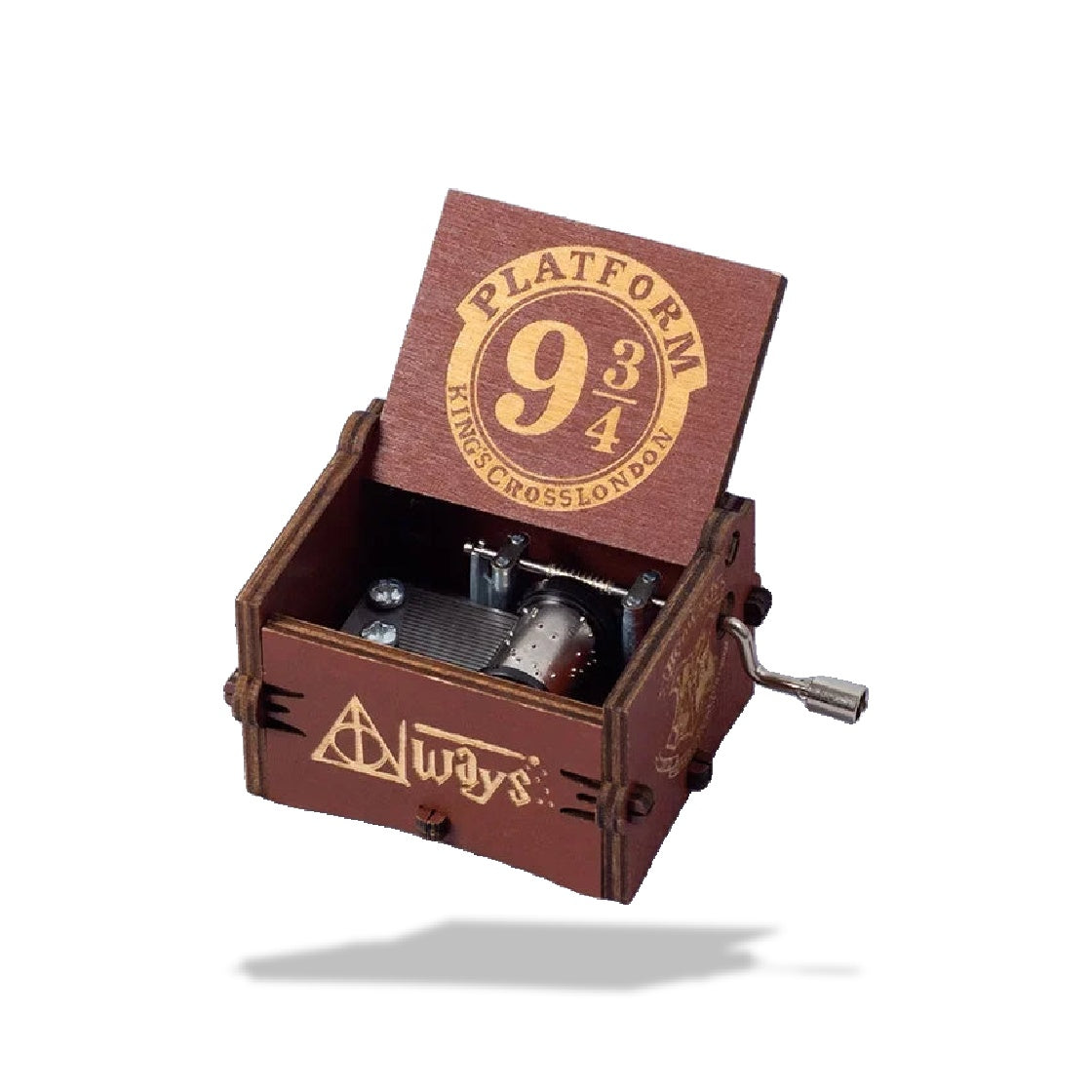 Boîte à musique Harry Potter en bois marron avec couvercle ouvert. Inscription Platform 9 3/4 et Always.